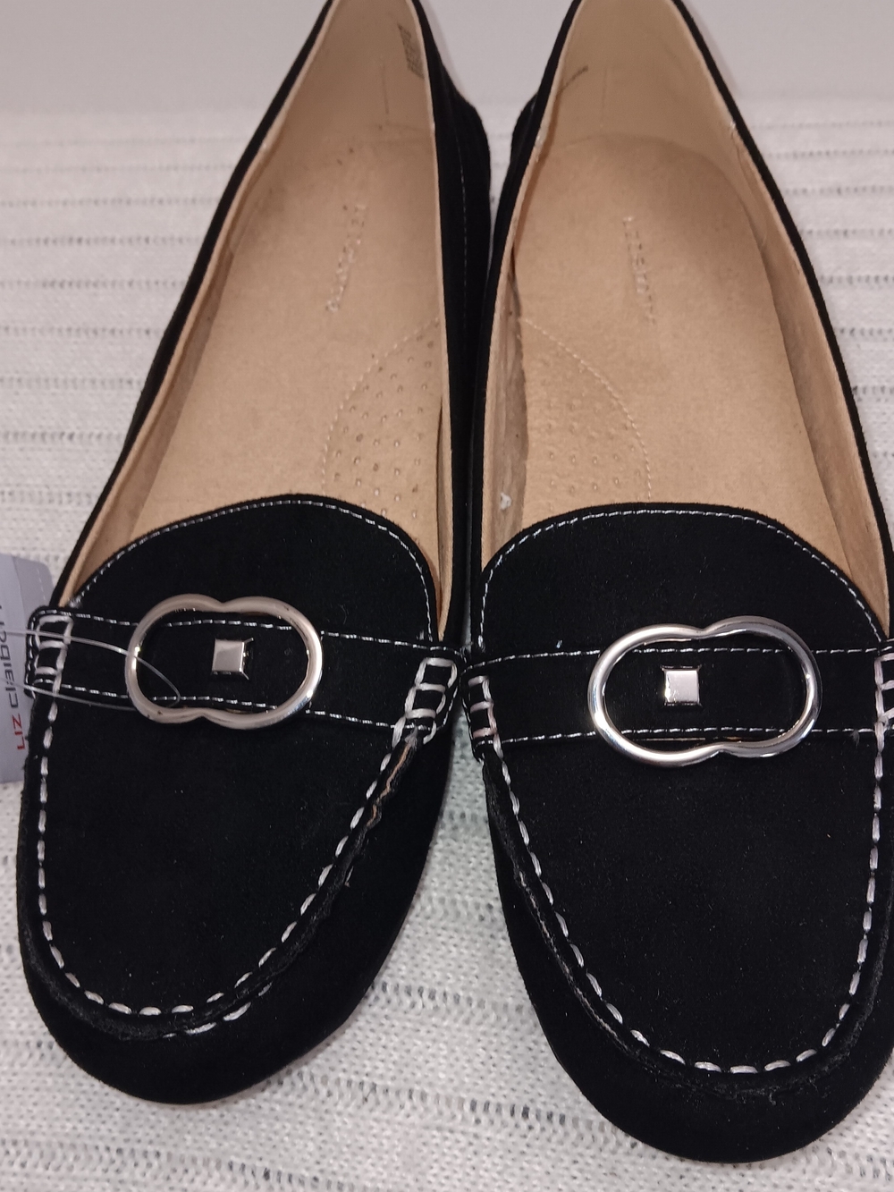 Liz Claiborne Black Suede Loafers with Silver Buckle